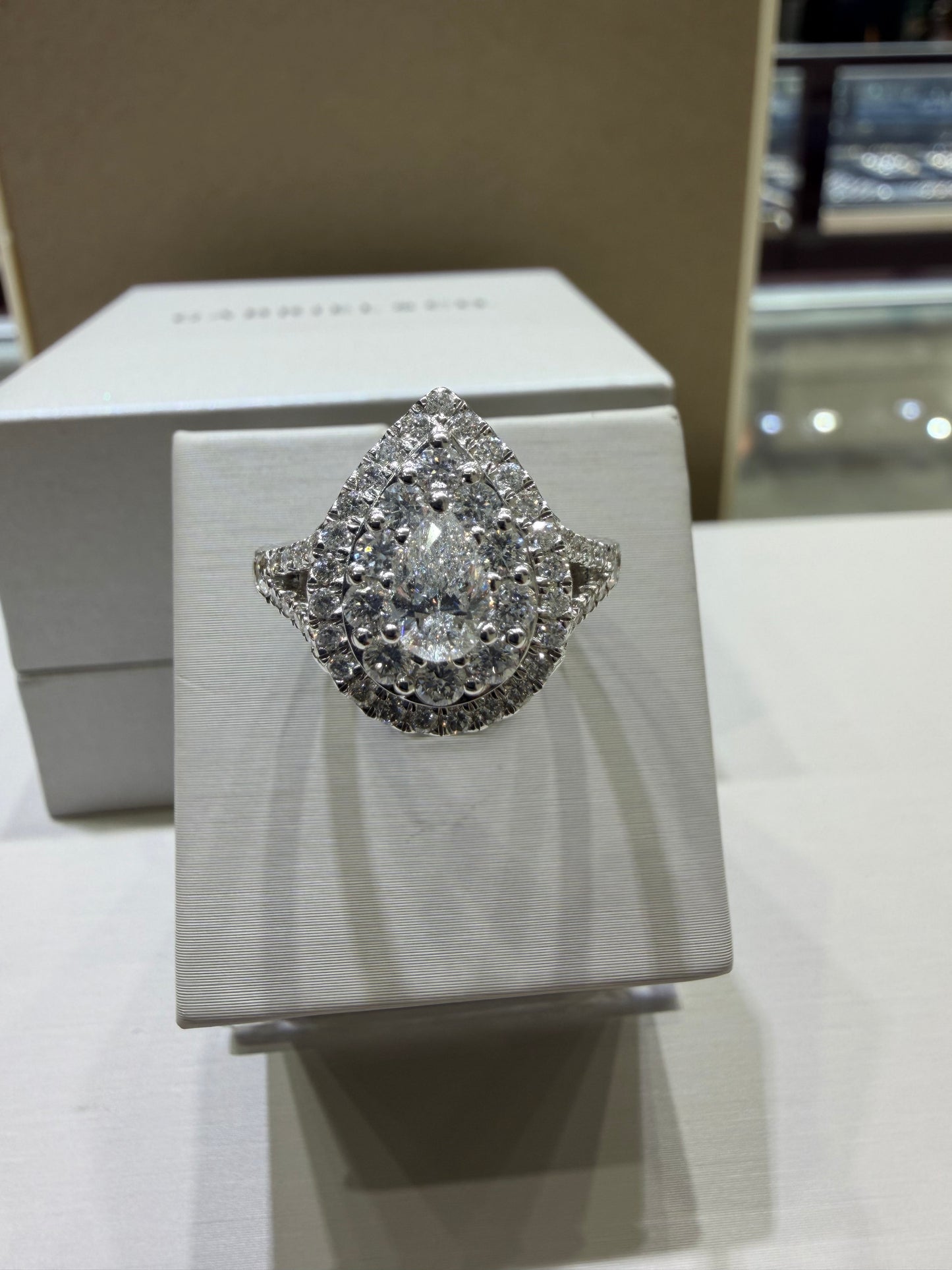 1.75 CTW Pear-Shaped Double Halo Diamond Engagement Ring in 14K White Gold – 0.50 CT Center