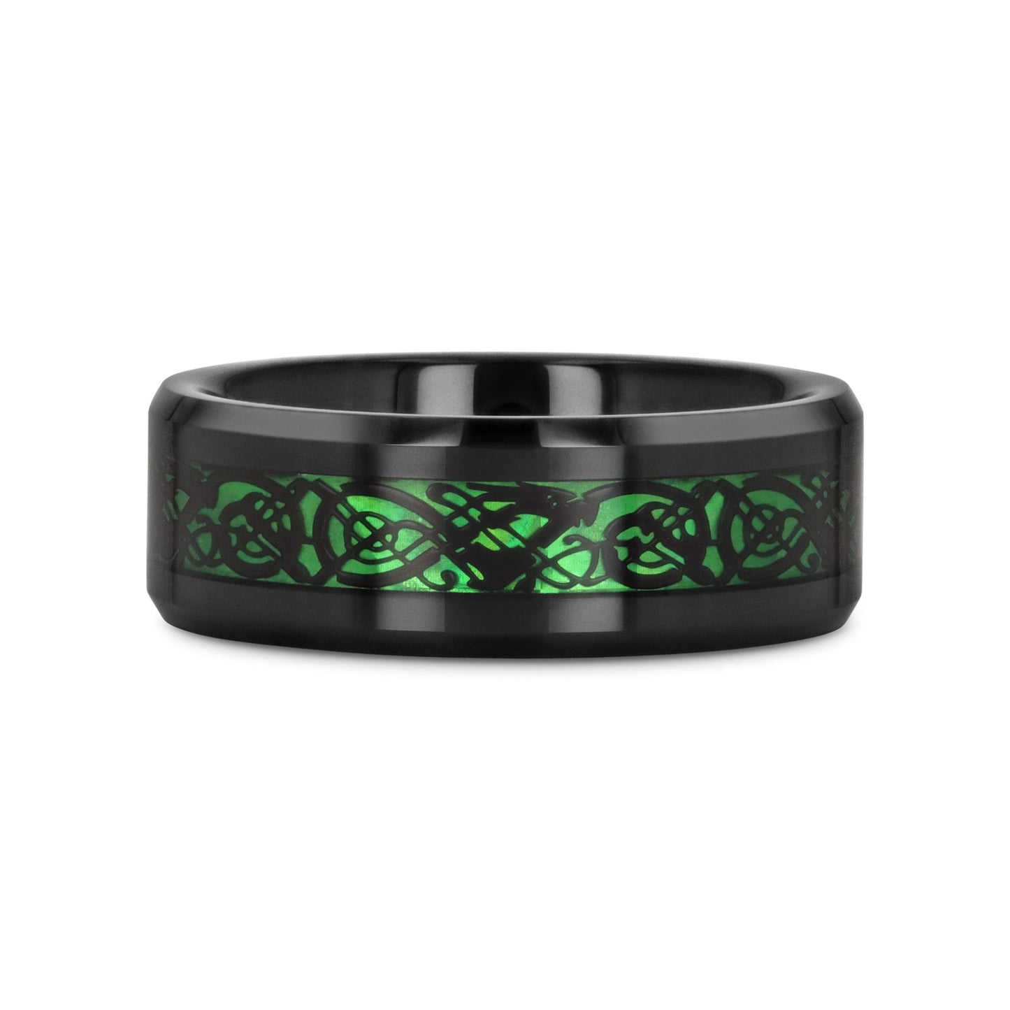ALLURE Black Dragon Design With Green Background Inlaid Black Tungsten Men's Ring With Clear Coating And Beveled Edge -