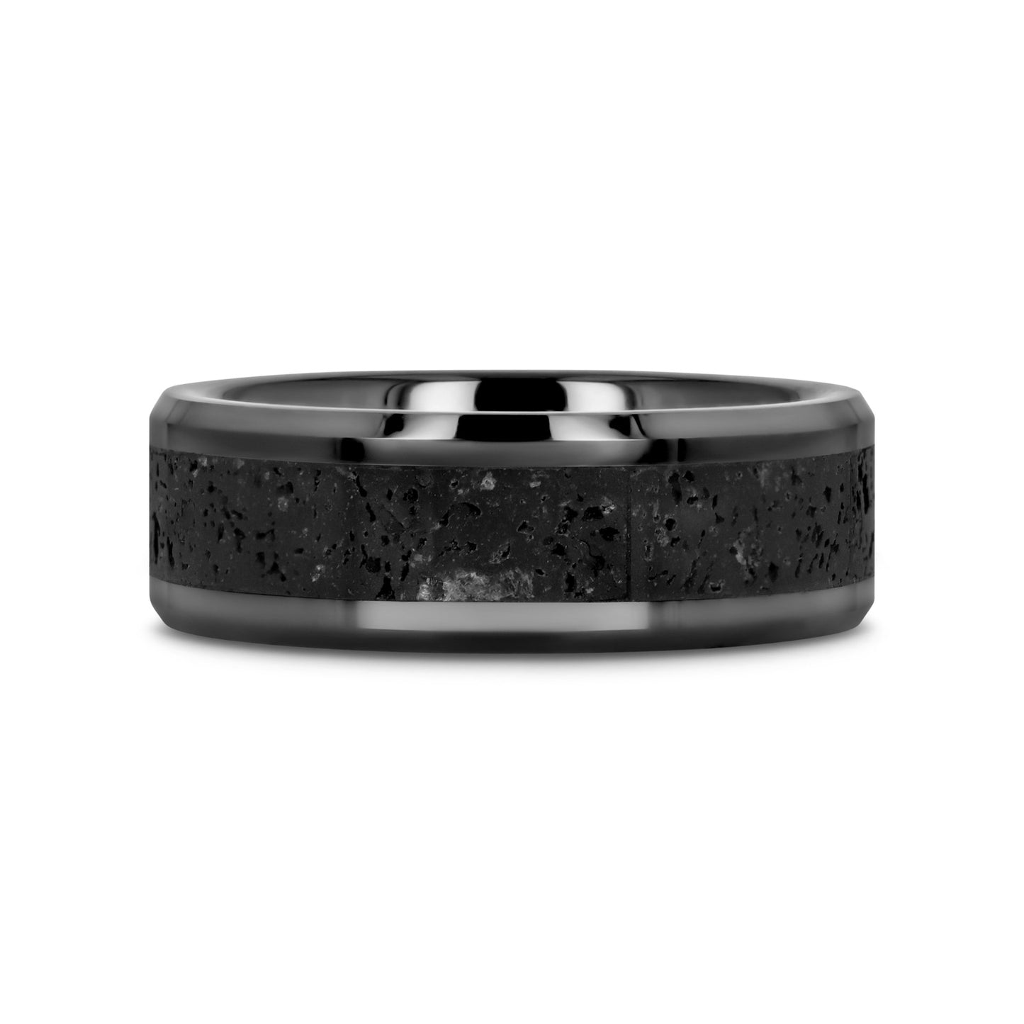 VESUVIUS Men’s Polished Black Ceramic Wedding Band with Black & Gray Lava Rock Stone Inlay & Polished Beveled Edges - 6m