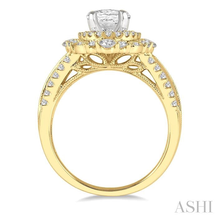 7/8 Ctw Oval Round Cut Diamond Semi-Mount Engagement Ring in 14K Yellow and White Gold
