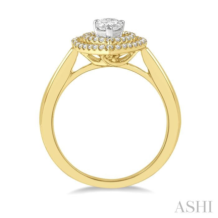 1/2 Ctw Twin Halo Round Cut Diamond Engagement Ring With 1/4 Ct Pear Cut Center Stone in 14K Yellow and White Gold