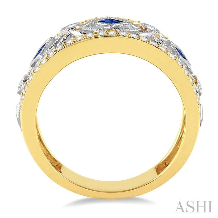 2.2&2.6 MM Princess Cut Sapphire and 1/3 Ctw Round Cut Diamond Precious Band in 14K Yellow and White Gold