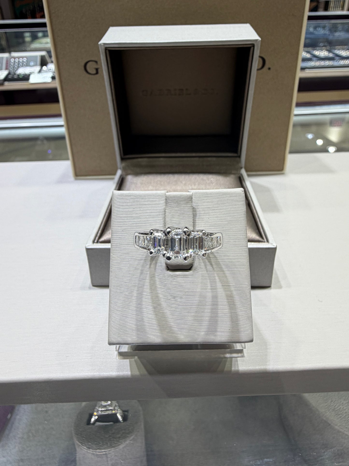 1.49 CTW Emerald Cut Three Stone Engagement Ring | 14K White Gold