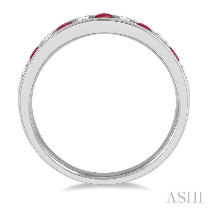 2.3 MM Ruby and 1/4 Ctw Round Cut Diamond Precious Wedding Band in 14K White Gold