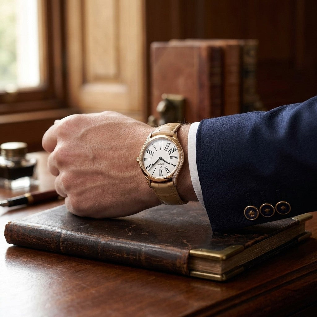 Omega de Ville Mini Trésor 26 mm — Moonshine™ Gold on Leather Strap (428.57.26.60.04.004) — lifestyle