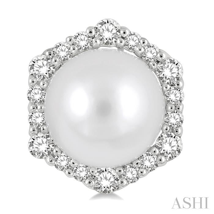 7 MM Cultured Pearls and 1/3 Ctw Hexagon Shape Round Cut Diamond Earrings in 14K White Gold