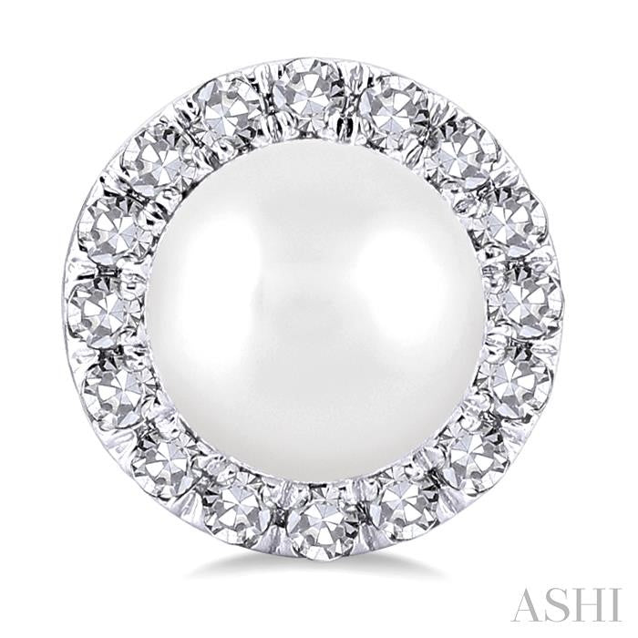 4.5 MM White Cultured Pearl and 1/8 Ctw Round Cut Diamond Halo Stud Earrings in 14K White Gold