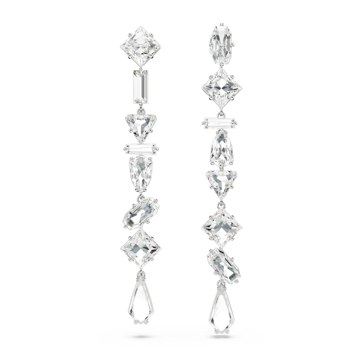 Swarovski Mesmera Drop Earrings, Asymmetrical Design, Mixed Cuts, Long, White, Rhodium Plated
