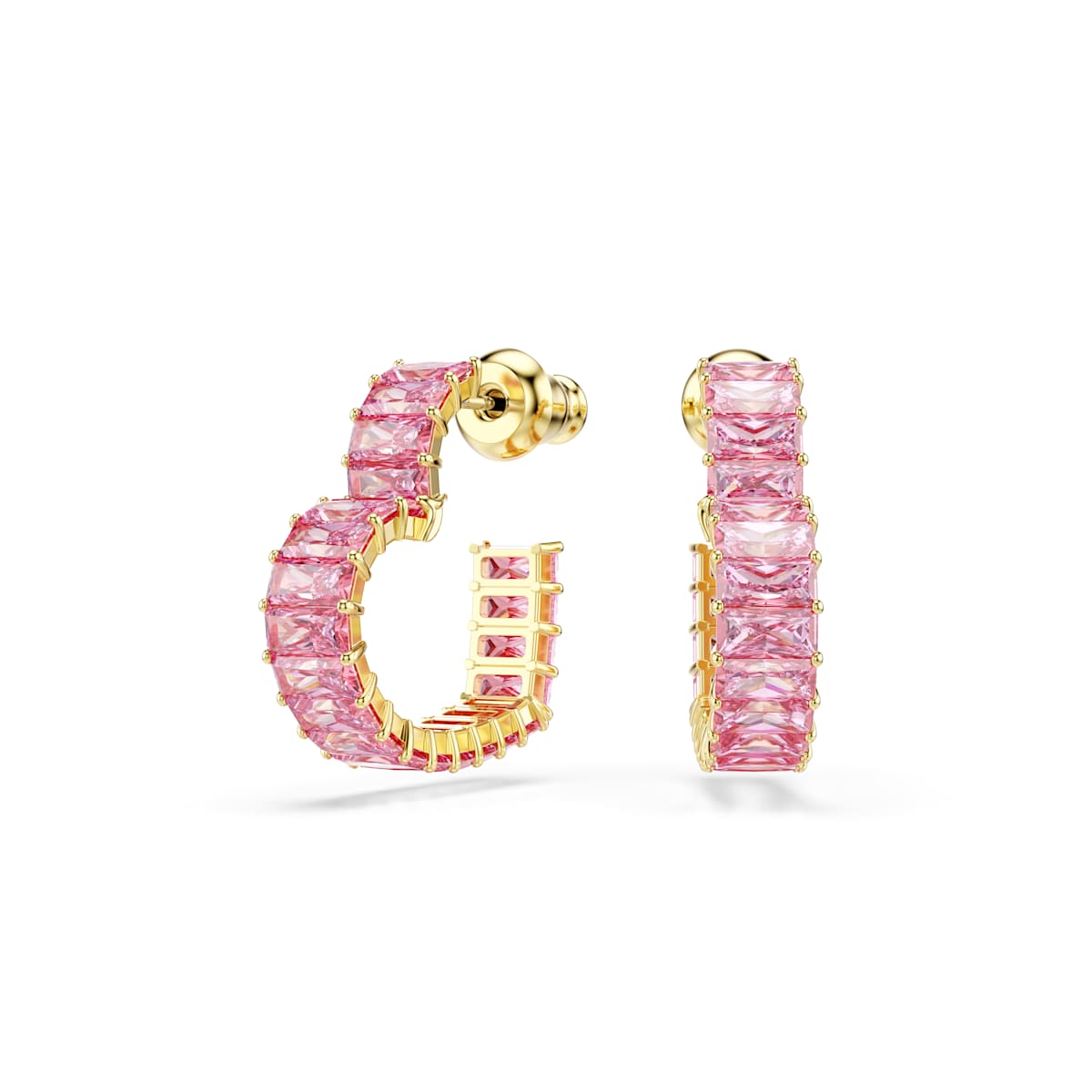 Swarovski Matrix Hoop Earrings, Baguette Cut, Heart, Small, Pink, Gold-Tone Plated