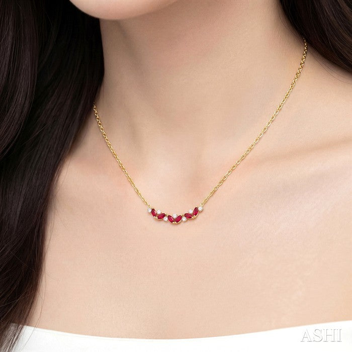4X2 MM Marquise Cut Ruby and 1/6 Ctw Zig-Zag Round Cut Diamond Precious Necklace in 14K Yellow Gold