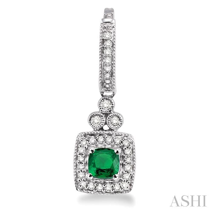 4X4 MM Cushion Shape Emerald and 1/3 Ctw Round Cut Diamond Earrings in 14K White Gold