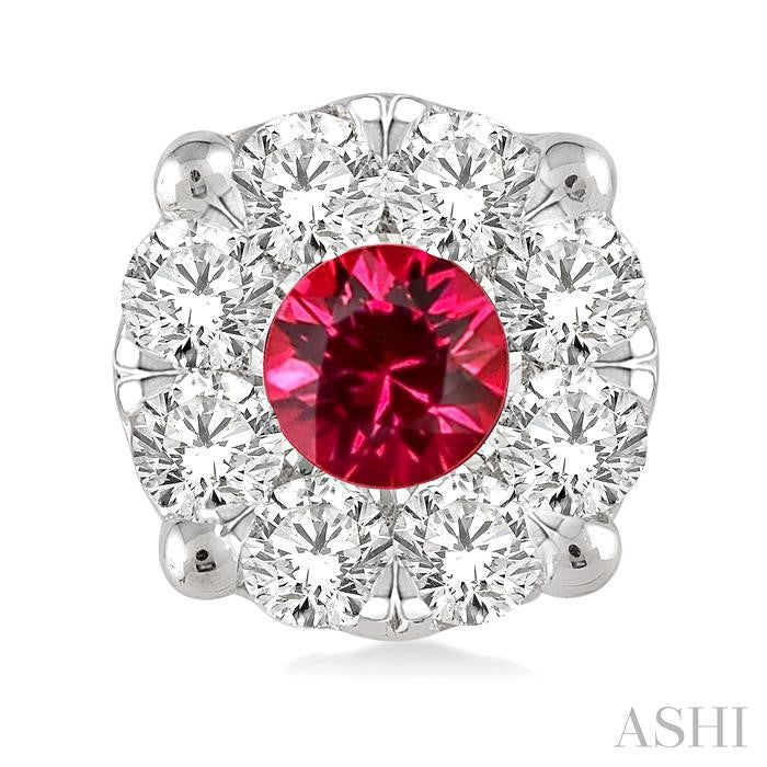 3.3 MM Round Cut Ruby and 1/2 Ctw Lovebright Diamond Precious Earrings in 14K White Gold