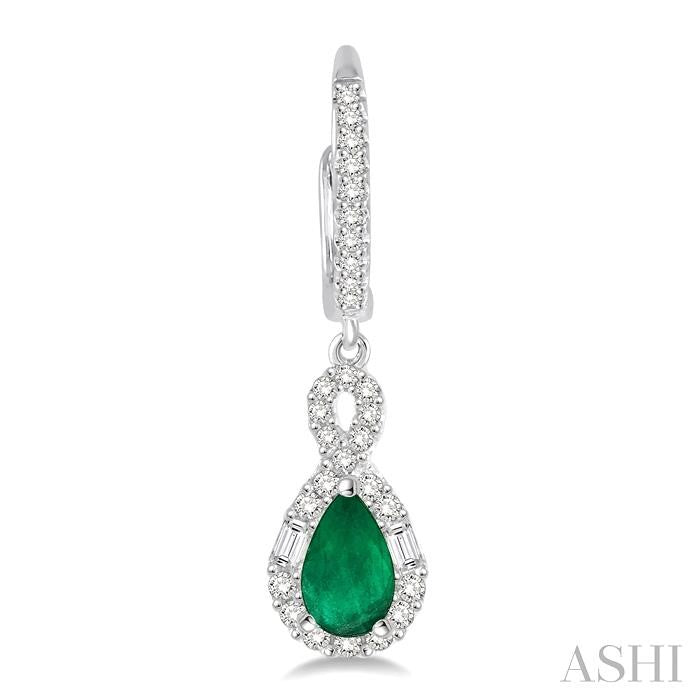 6X4 MM Pear Cut Emerald and 1/2 Ctw Round Cut Diamond Precious Earrings in 14K White Gold
