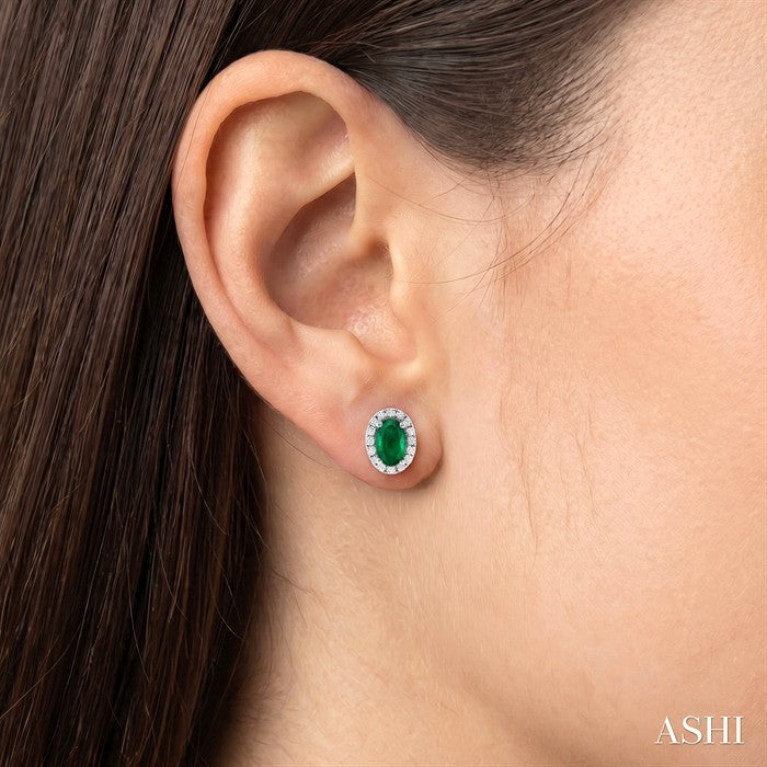 5X3 MM Oval Shape Emerald and 1/8 Ctw Round Cut Diamond Halo Precious Stud Earrings in 10K White Gold