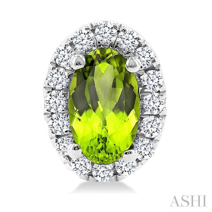 5X3 MM Oval Shape Peridot and 1/8 Ctw Round Cut Diamond Halo Semi-Precious Stud Earrings in 10K White Gold