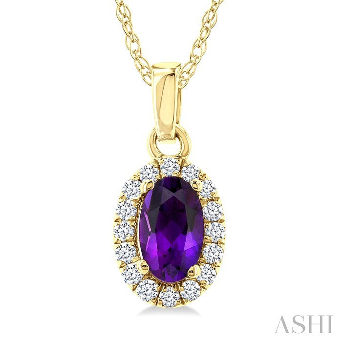 5X3 MM Oval Shape Amethyst and 1/20 Ctw Round Cut Diamond Halo Semi-Precious Pendant with Chain in 10K Yellow Gold