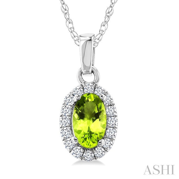 5X3 MM Oval Shape Peridot and 1/20 Ctw Round Cut Diamond Halo Semi-Precious Pendant with Chain in 10K White Gold