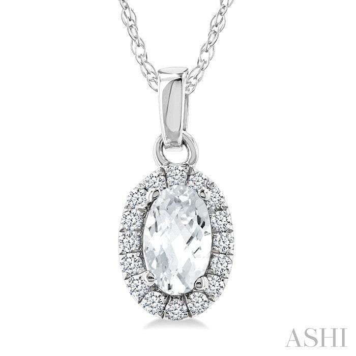 5X3 MM Oval Shape White Topaz and 1/20 Ctw Round Cut Diamond Halo Semi-Precious Pendant with Chain in 10K White Gold