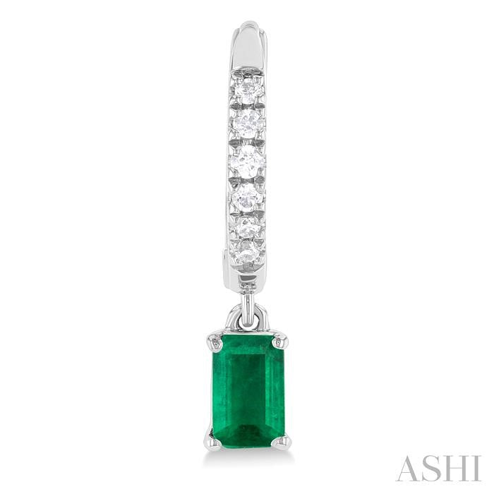 5X3 MM Emerald Cut Emerald and 1/8 Ctw Round Cut Diamond Precious Petite Fashion Huggies in 10K White Gold