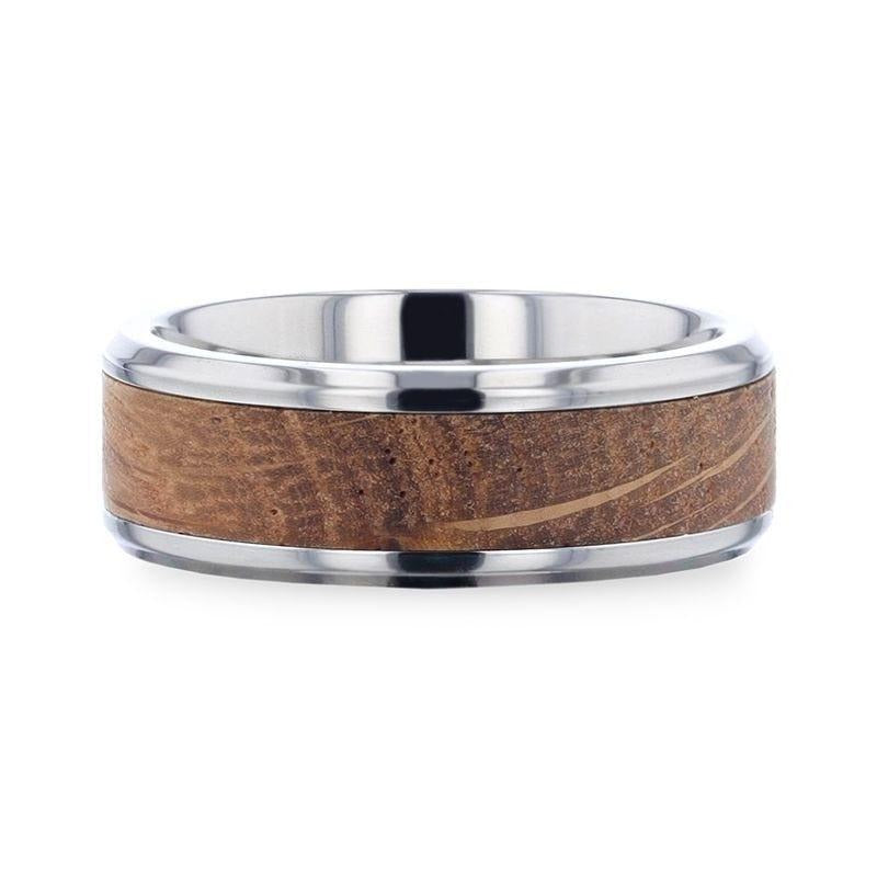 CASK Whiskey Barrel Inlaid Titanium Men's Wedding Band With Beveled Polished Edges Made From Genuine Whiskey Barrels - 8