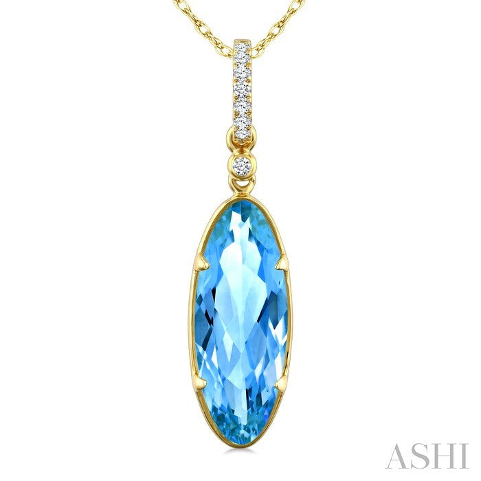 16X6 MM Evoque Gemstones Oval Shape Blue Topaz and 1/20 Ctw Round Cut Diamond Semi-Precious Pendant With Chain in 10K Ye
