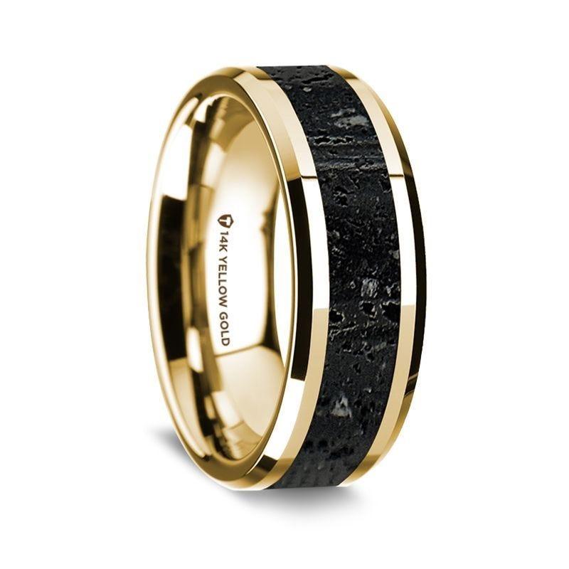 14K Wedding Band in Yellow Gold with Lava Inlay Beveled Edge Polished Design