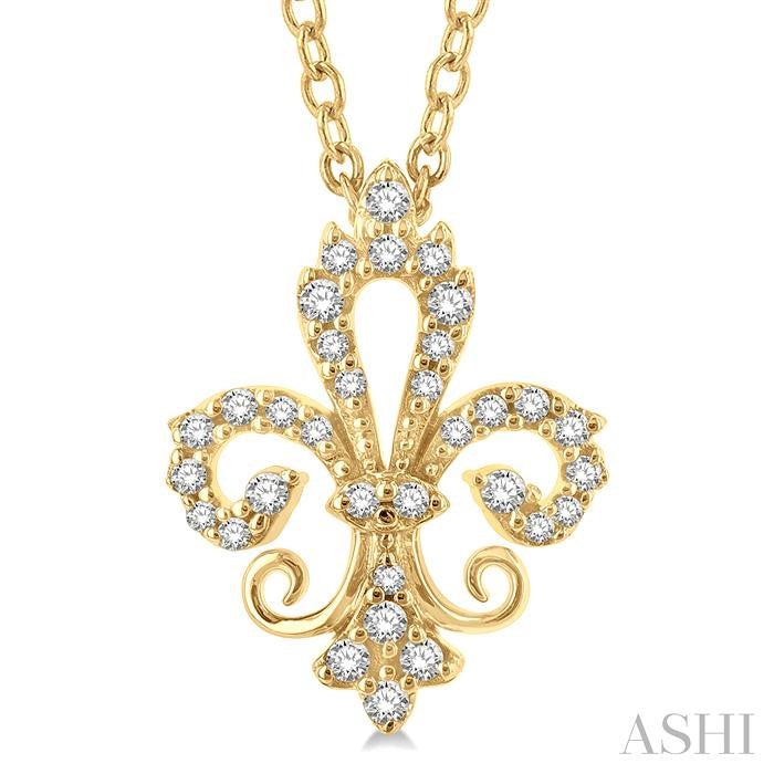 1/6 Ctw Petite Carved Fleur De Lis Round Cut Diamond Fashion Pendant With Chain in 10K Yellow Gold