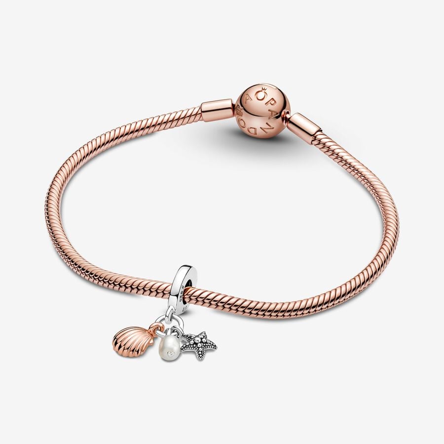 Treated Freshwater Cultured Pearl, Starfish & Shell Triple Dangle Charm