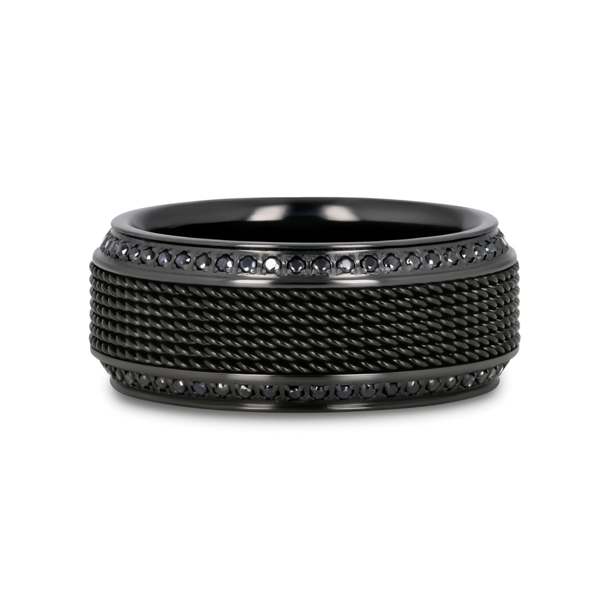 KNIGHT Steel Chain Black Titanium Wedding Ring Polished Beveled Edges Set with Round Black Diamonds - 10mm