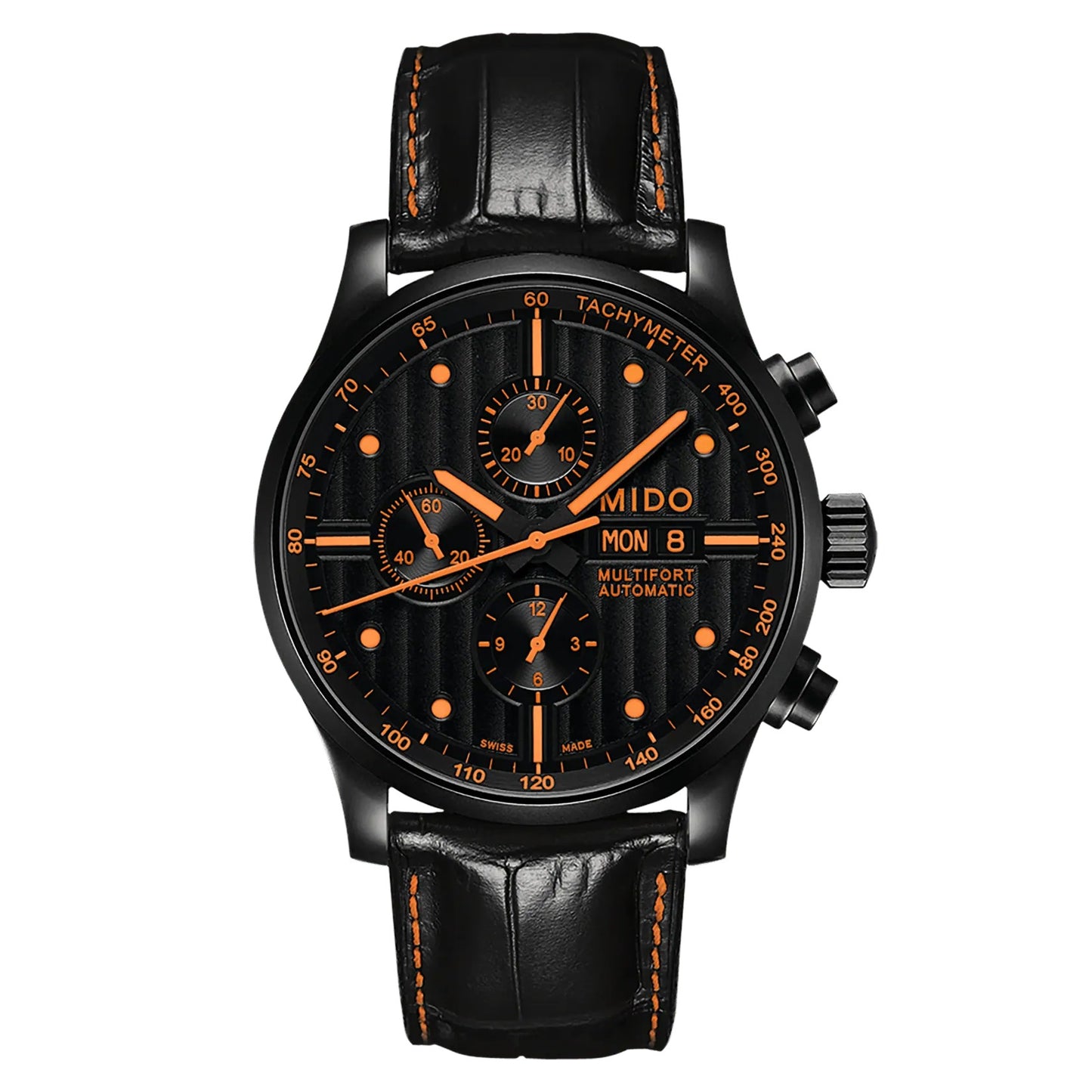 MIDO Multifort Gent Chronograph Black Dial Stainless Steel with Black PVD Coating - Black Leather Strap and additional O