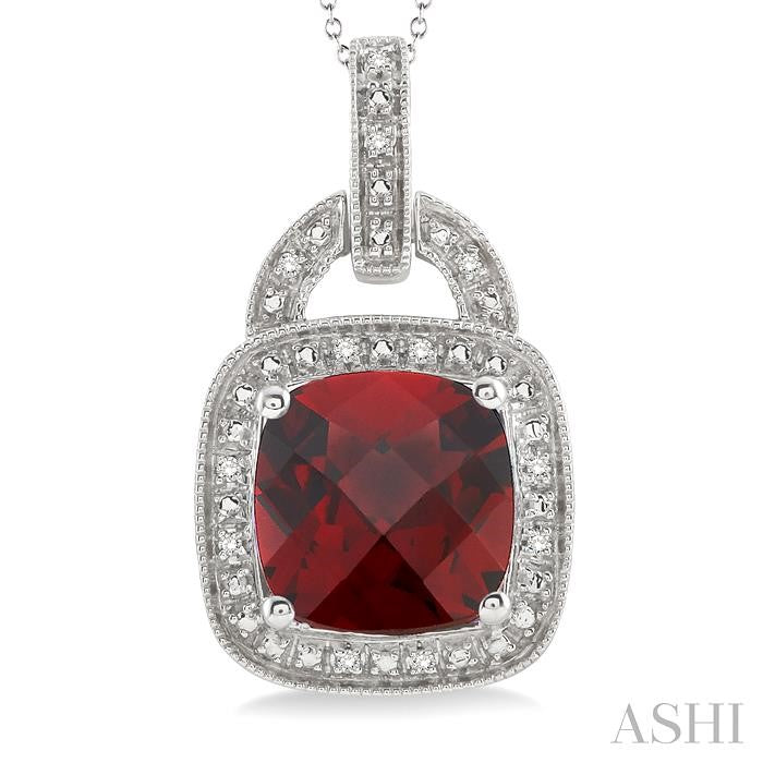 10X10 MM Cushion Shape Garnet and 1/20 Ctw Round Cut Diamond Pendant in Sterling Silver with Chain