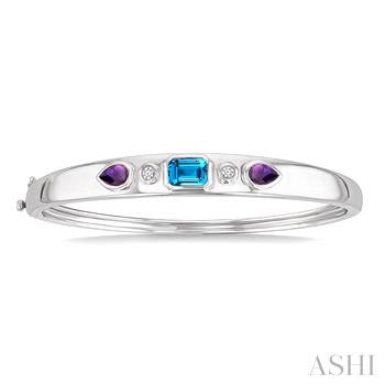 7X5 MM Octagon Shape Blue Topaz & 6X4 MM Pear Shape Amethyst and 1/10 Ctw Round Cut Diamond Semi-Precious Bangle in Sterling Silver