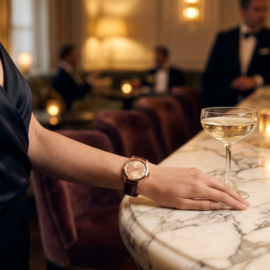 Omega Constellation Observatory 39.4 mm — Sedna™ Gold on Alligator — lifestyle