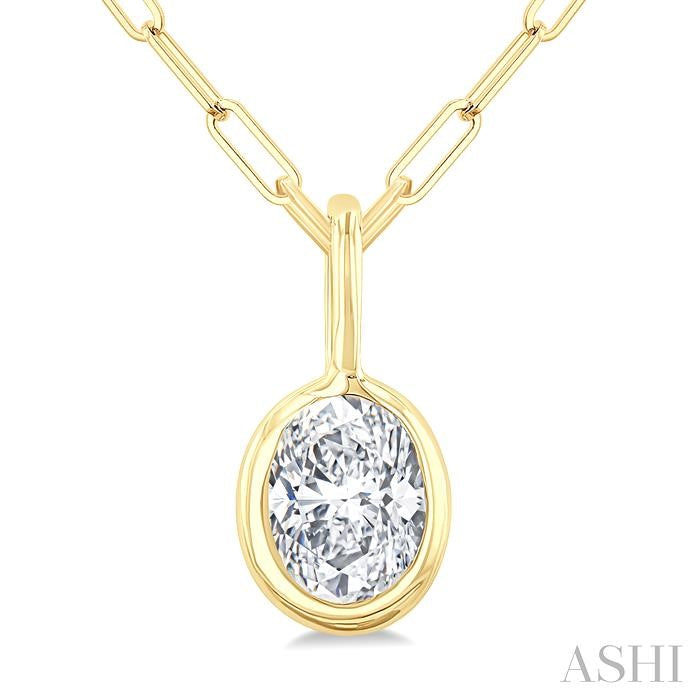 1/5 Ctw Oval Cut Bezel Set Diamond Fashion Pendant With Paperclip Chain in 14K Yellow Gold