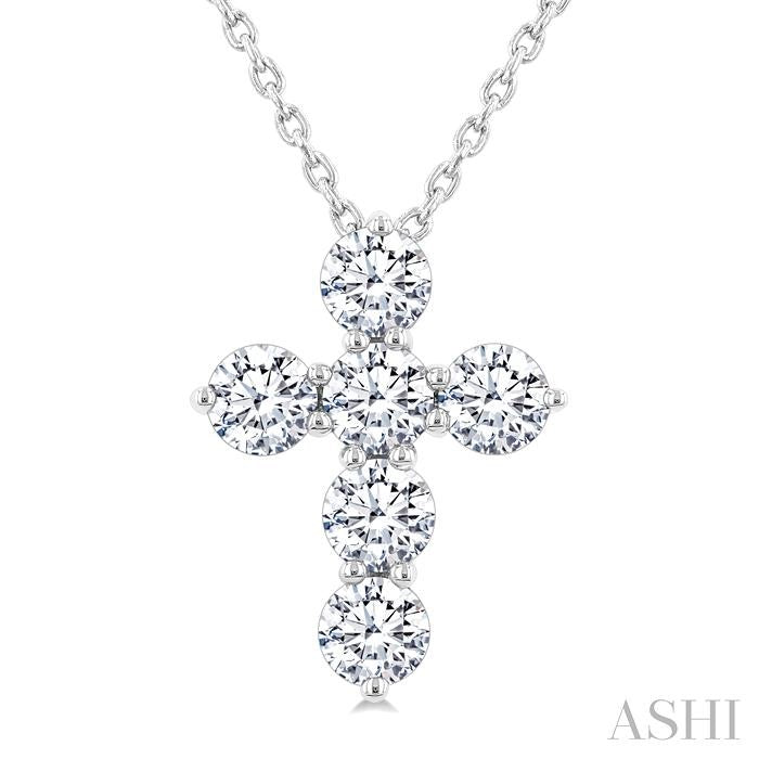3/4 Ctw Round Cut Diamond Christian Cross 6-Stone Fashion Pendant With Chain in 14K White Gold