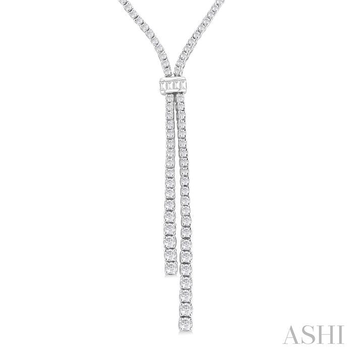 3 Ctw Split Y-Shape Baguette and Round Cut Diamond Lariat Necklace in 14K White Gold