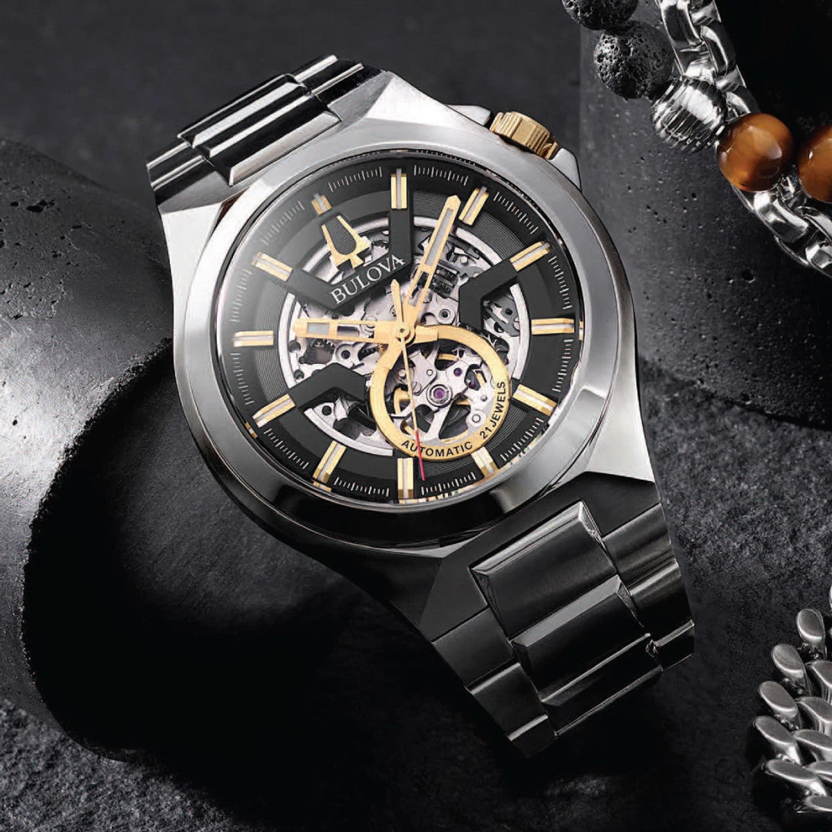 Bulova Maquina 98A224, 46mm black dial stainless steel, Mens