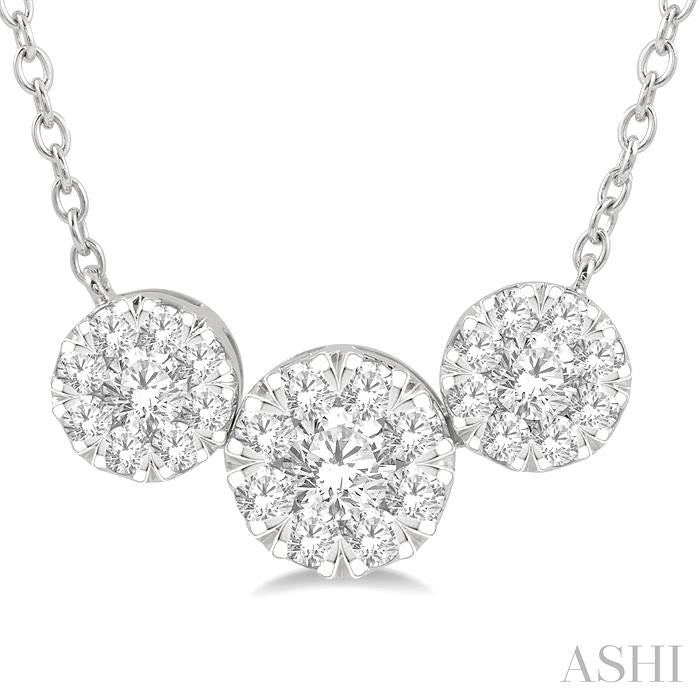 1 1/2 Ctw 3-Stone Past Present and Future Lovebright Round Cut Diamond Necklace in 14K White Gold