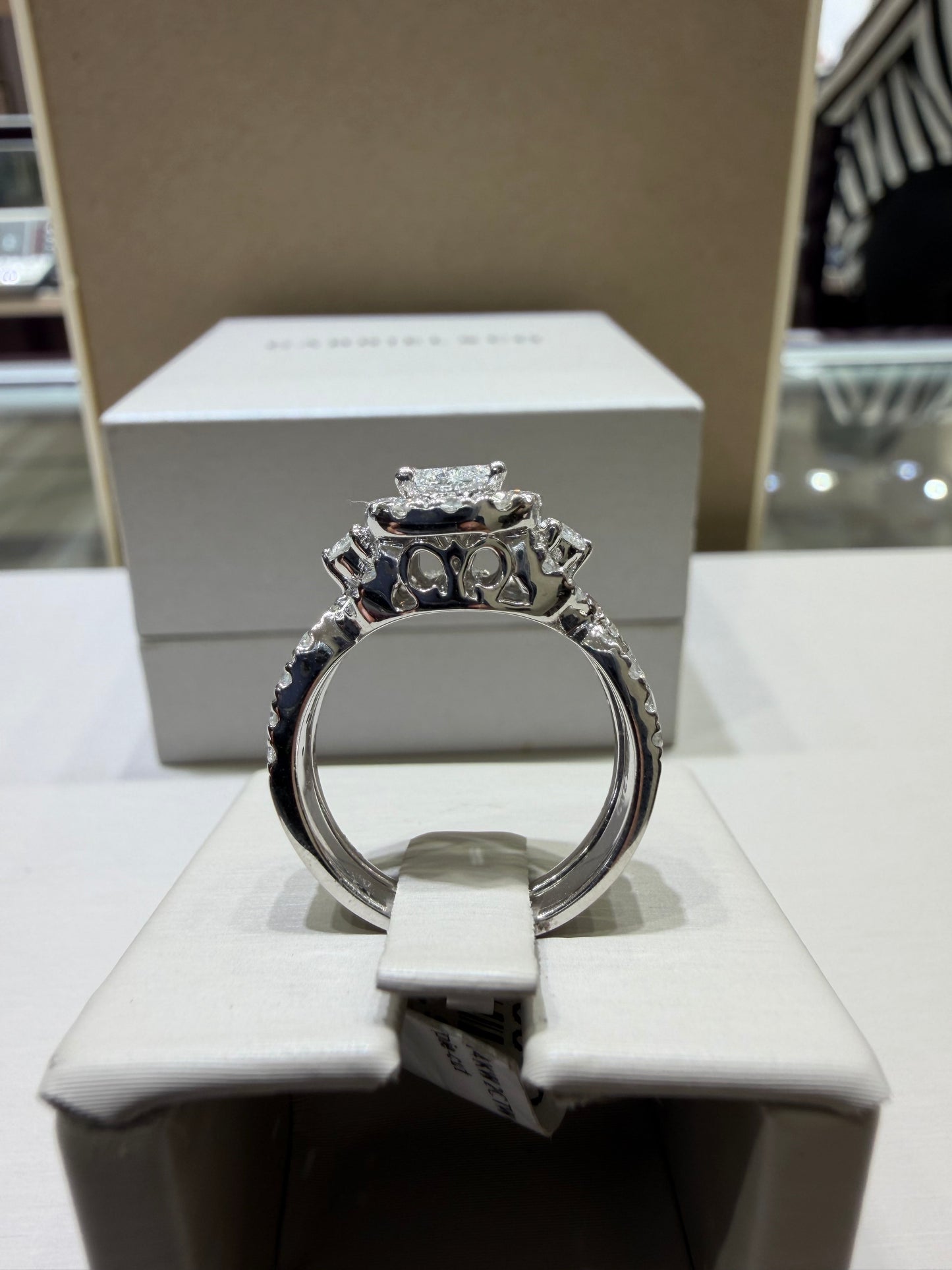 2.00 CTW Radiant-Style Composite Diamond Twist Halo Wedding Set in 14K White Gold – 0.53 CT Center