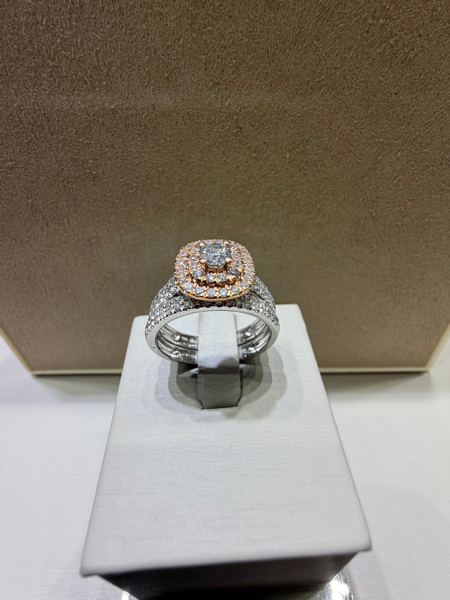 14K Two-Tone Double Halo Diamond Wedding Set | Rose & White Gold .96ctw .25ctr