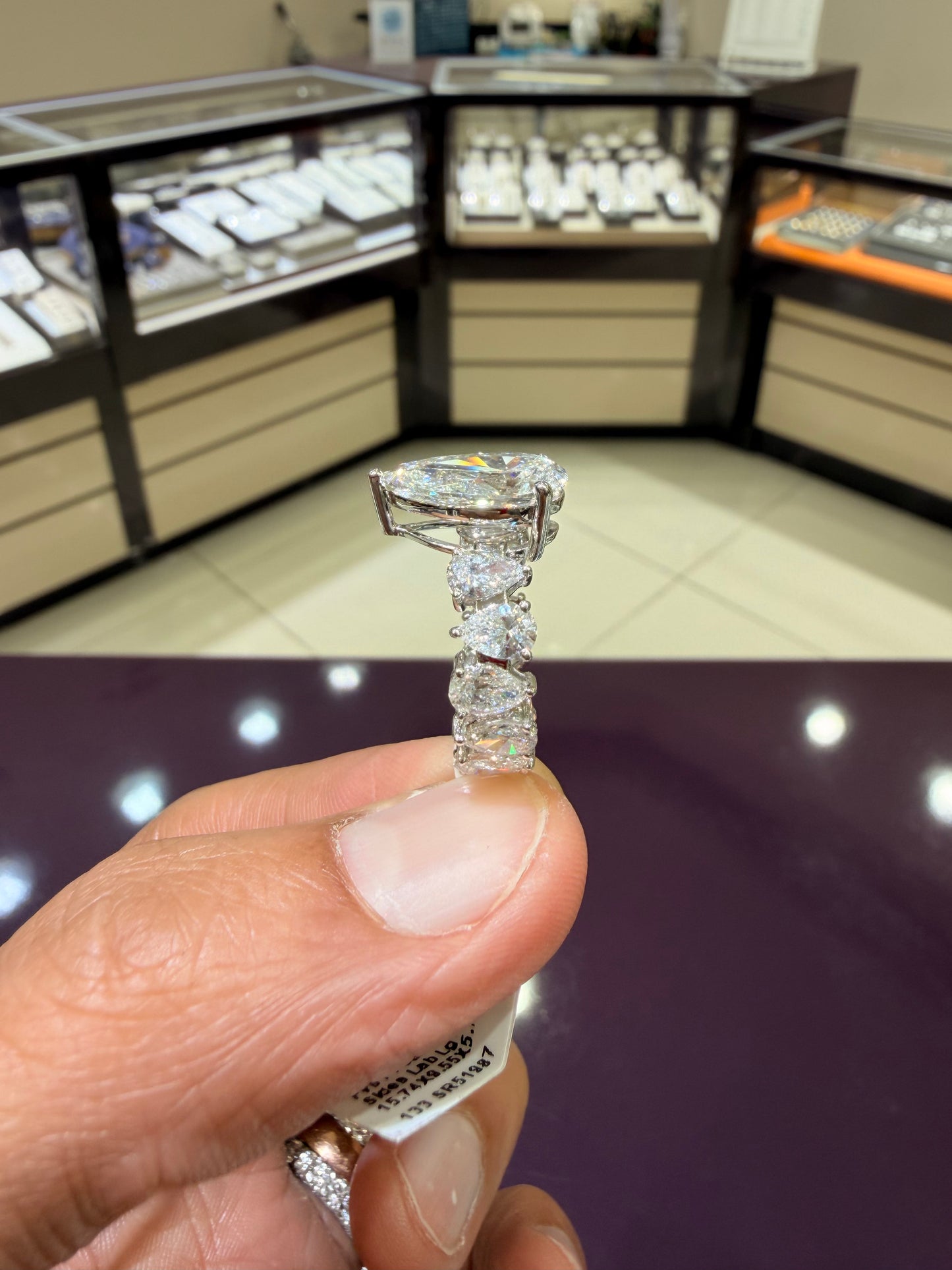 Custom Pear Shape lab engagement ring in 14K white gold 9.79ctw