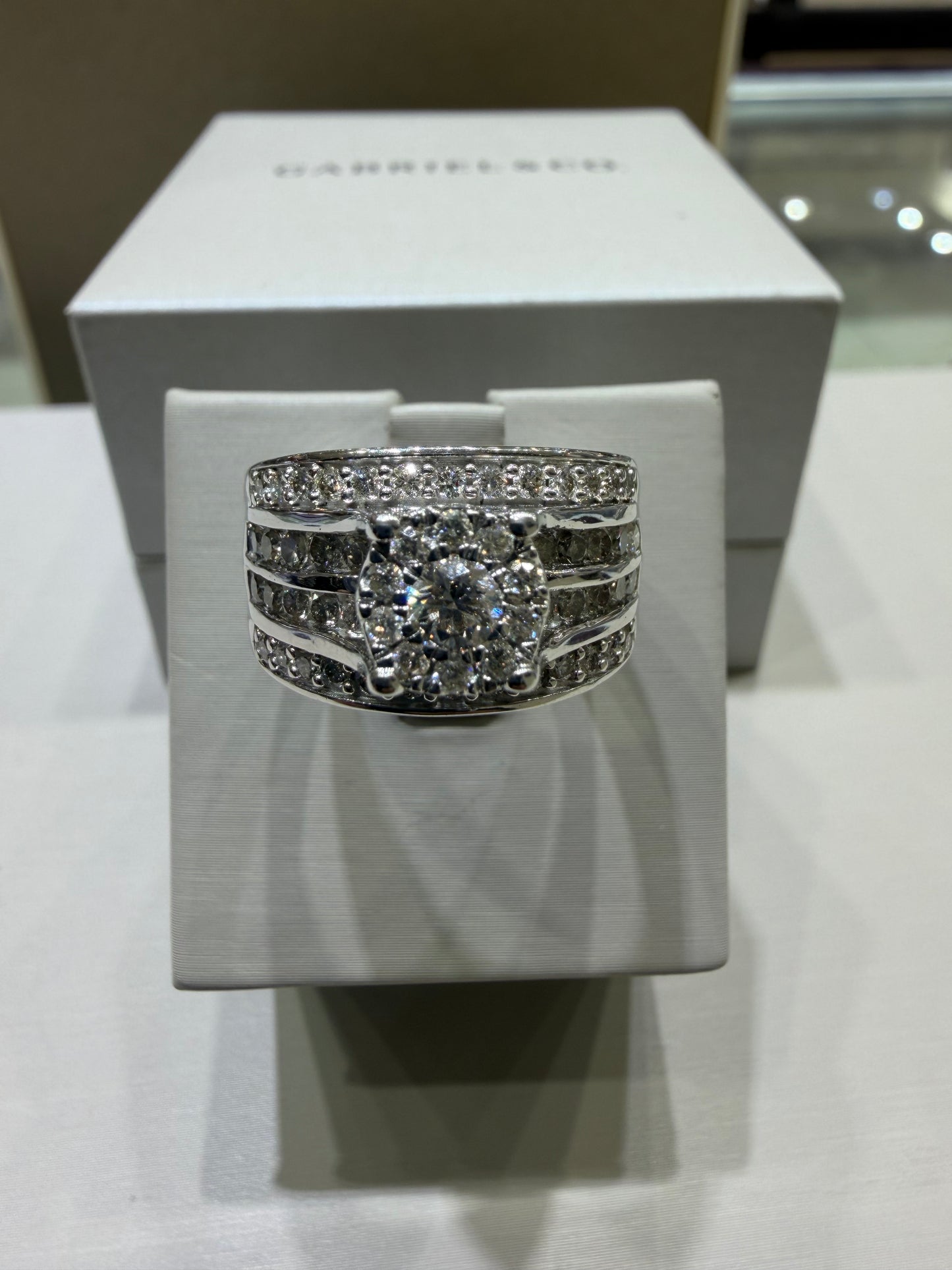 1.50 CTW Round Halo Diamond Engagement Ring | 14K White Gold Wide Band