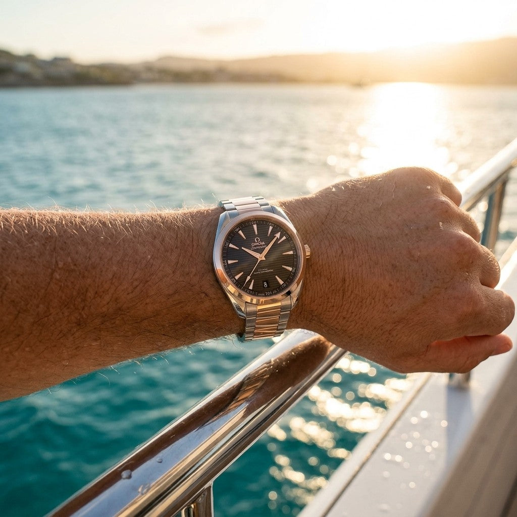 Omega Seamaster Aqua Terra 150M 41 mm — Steel ‑ Sedna™ Gold on Steel ‑ Sedna™ Gold — lifestyle