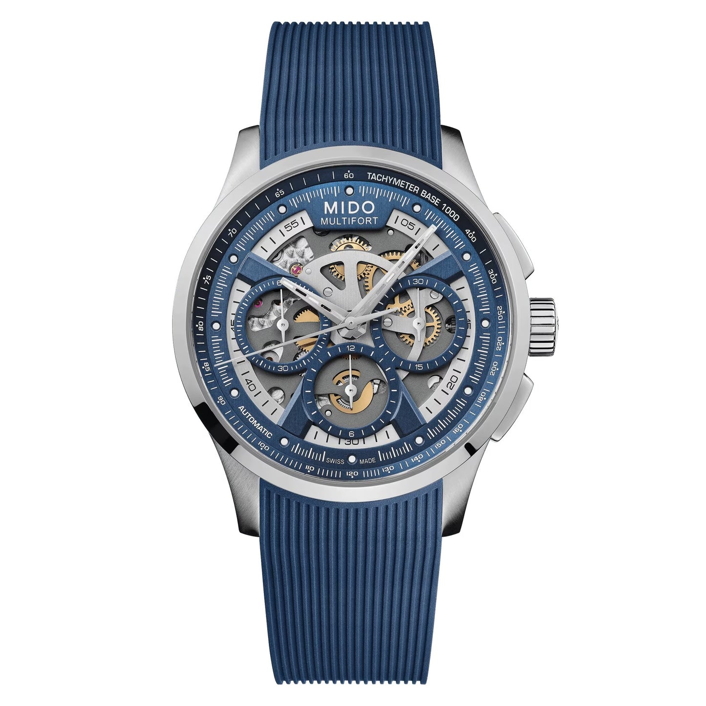 MIDO Multifort Skeleton Chronograph Blue Dial Stainless Steel Watch Blue Rubber Strap - 43mm