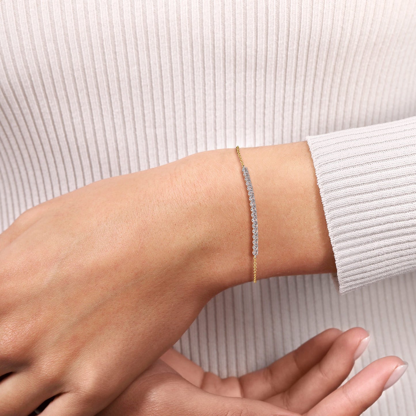 Gabriel & Co. 14K White and Yellow Gold White Sapphire Bar Bracelet .47CTW