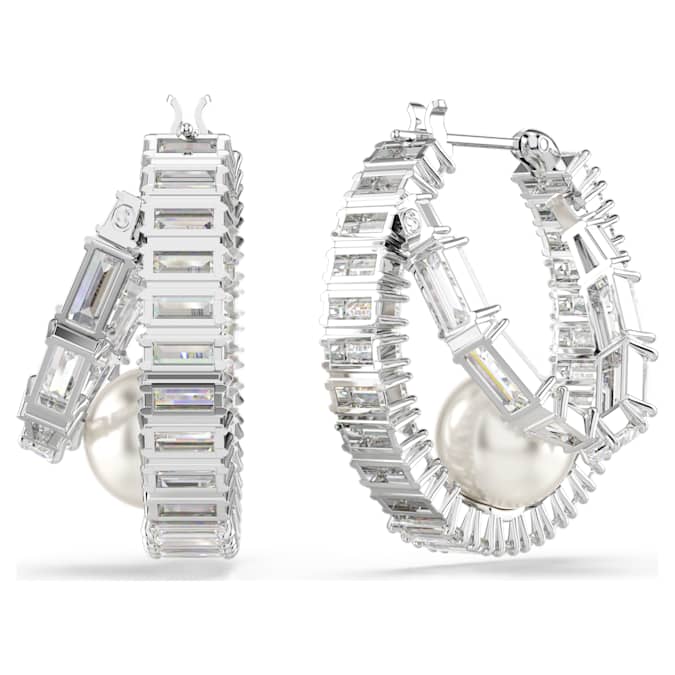 Ariana Grande x Swarovski hoop earrings Crystal pearl, Baguette cut, White, Rhodium plated