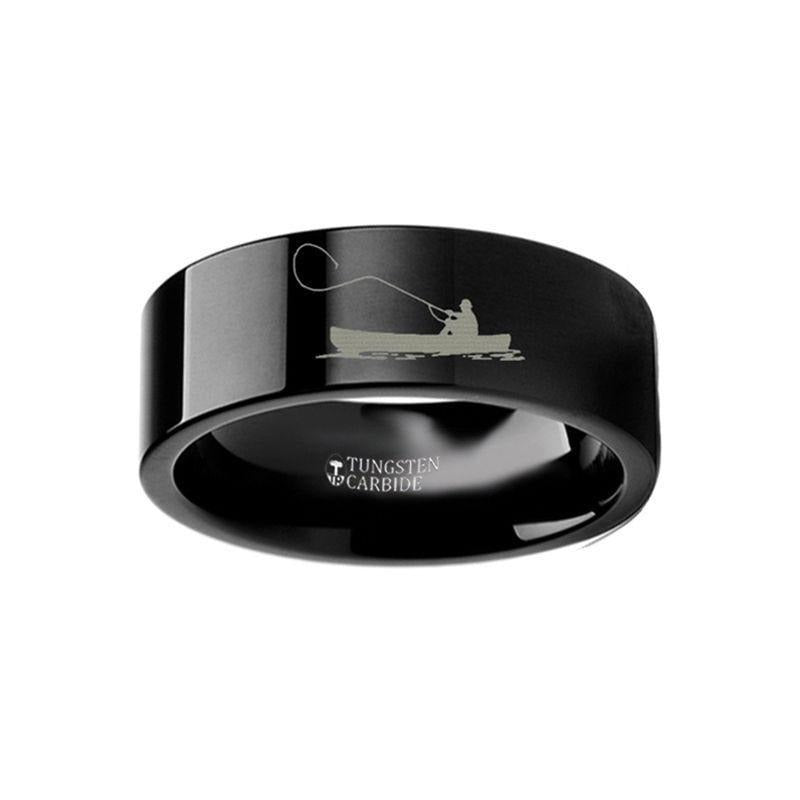 Hunting Landscape Scene Fishing Boat Fishermen Fish Engraved Flat Black Tungsten Ring - 4mm - 12mm - 8mm