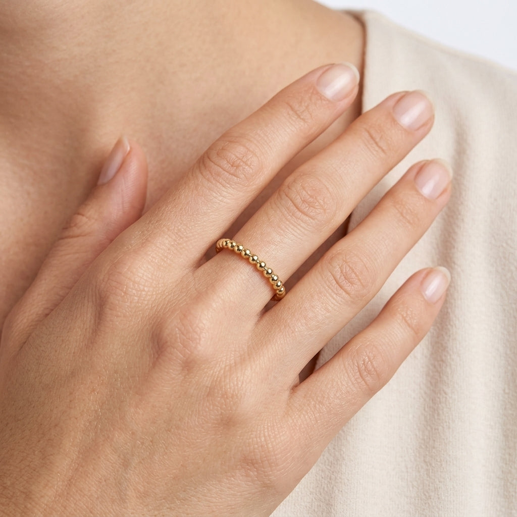 Gabriel & Co. 14K Yellow Gold Bujukan Beaded Stackable Ring sz6.5 - worn lifestyle photo