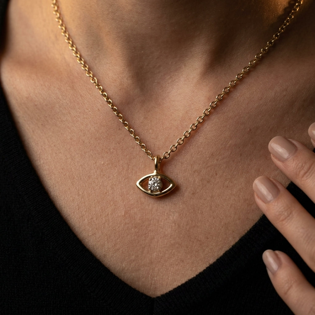 Gabriel & Co. 14K Yellow-White Gold Diamond Evil Eye Pendant Necklace .03CTW - worn lifestyle photo