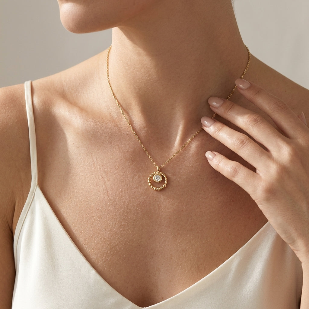 Gabriel & Co. 14K Yellow Gold Bujukan and White Sapphire Pendant Necklace .07CTW - worn lifestyle photo